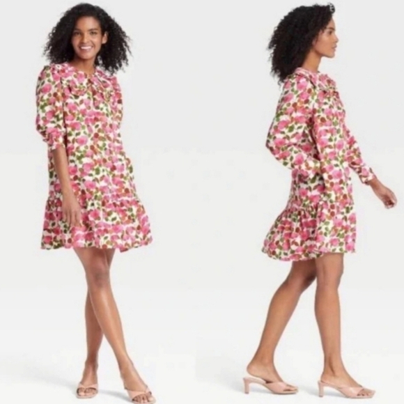 *NWT* Who What Wear What Mini Dress Puff Long Sleeve Pink Floral Collar, XS - Picture 1 of 8